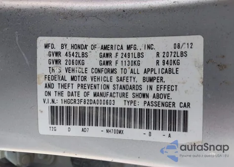 2013 Honda Accord Ex-L V-6 z USA, uszkodzony, nr VIN 1HGCR3F82DA000603